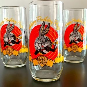 Happy Birthday Bugs Bunny Glass 50th Anniversary Looney Tunes (Set of 3)